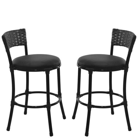 2 Banquetas Forts Baixa Fibra Sintética e Aço Carbono Assento Estofado - Preto