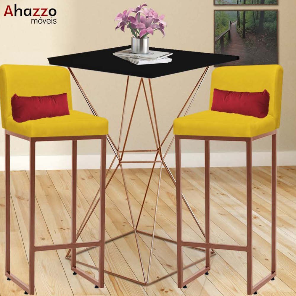 Kit Mesa Bistrô Lucca e 1 Banqueta Lucca Tampo Preto Ferro Bronze Corino Amarelo e Almofada Vermelho - 2