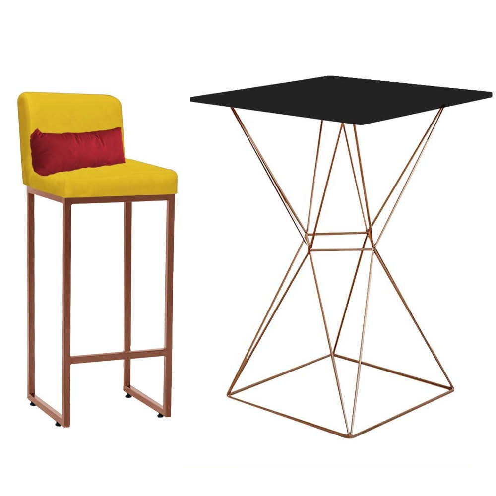 Kit Mesa Bistrô Lucca e 1 Banqueta Lucca Tampo Preto Ferro Bronze Corino Amarelo e Almofada Vermelho - 1