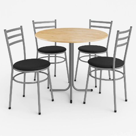 Mesa de Jantar Redonda 80cm Pinus com 4 Cadeiras Estofada Cinza