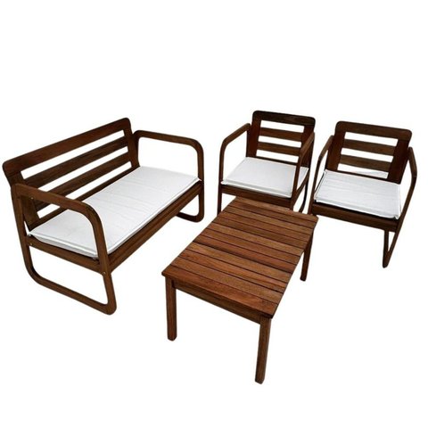 Conjunto para Jardim Madeira Maciça 2 Poltronas 1 Namoradeira e Mesa de Centro com Estofado Curve Ma