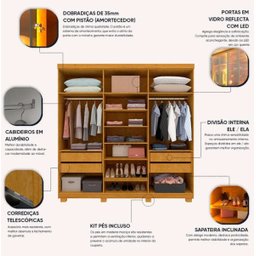 Guarda-roupa Casal 6 Portas com 6 Portas Reflecta com Pés com Led Imperatriz Naturale - 6