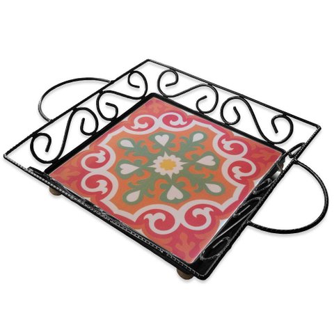 Fruteira de Mesa Bandeja Ferro e Azulejo Quadrada Premium Cozinha Azulejo G3