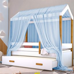 Cama Montessori Cabana Com Auxiliar Solteiro E Dossel Azul - 4