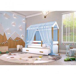 Cama Montessori Cabana Com Auxiliar Solteiro E Dossel Azul - 2