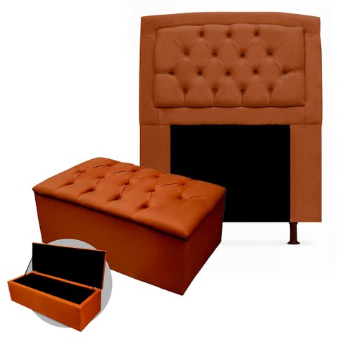 Kit Cabeceira Geovana + Calçadeira Baú Mirage Solteiro 90cm Suede - Ecotec Decor:Marrom