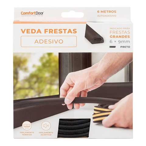 Veda Frestas Auto Adesivo Para Porta Janelas 6mm Comfort Door 6 Metros Preto
