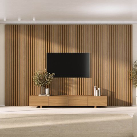 Rack com Painel Ripado TV 86 Polegadas Planejado 360x230cm Aruá CabeCasa MadeiraOriginals Marrom