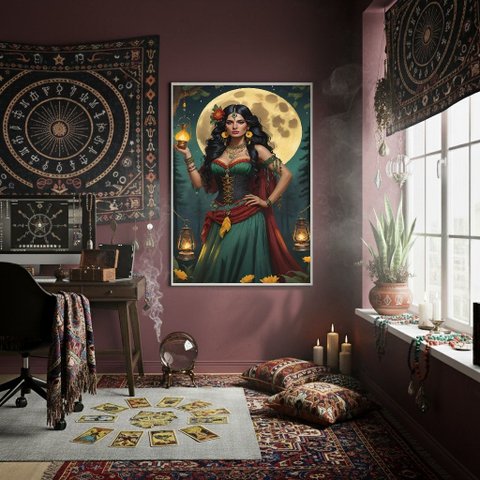 Quadro Decorativo Cigana da Noite Verde 70x50cm Mold Branca
