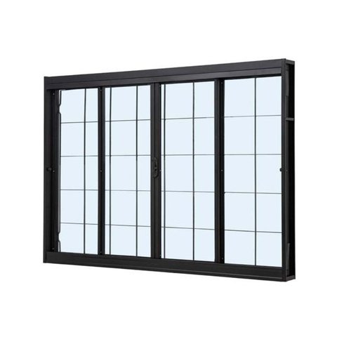 Janela de Correr Central 4 Folhas Aço Preto Grade Quadriculada 120x100