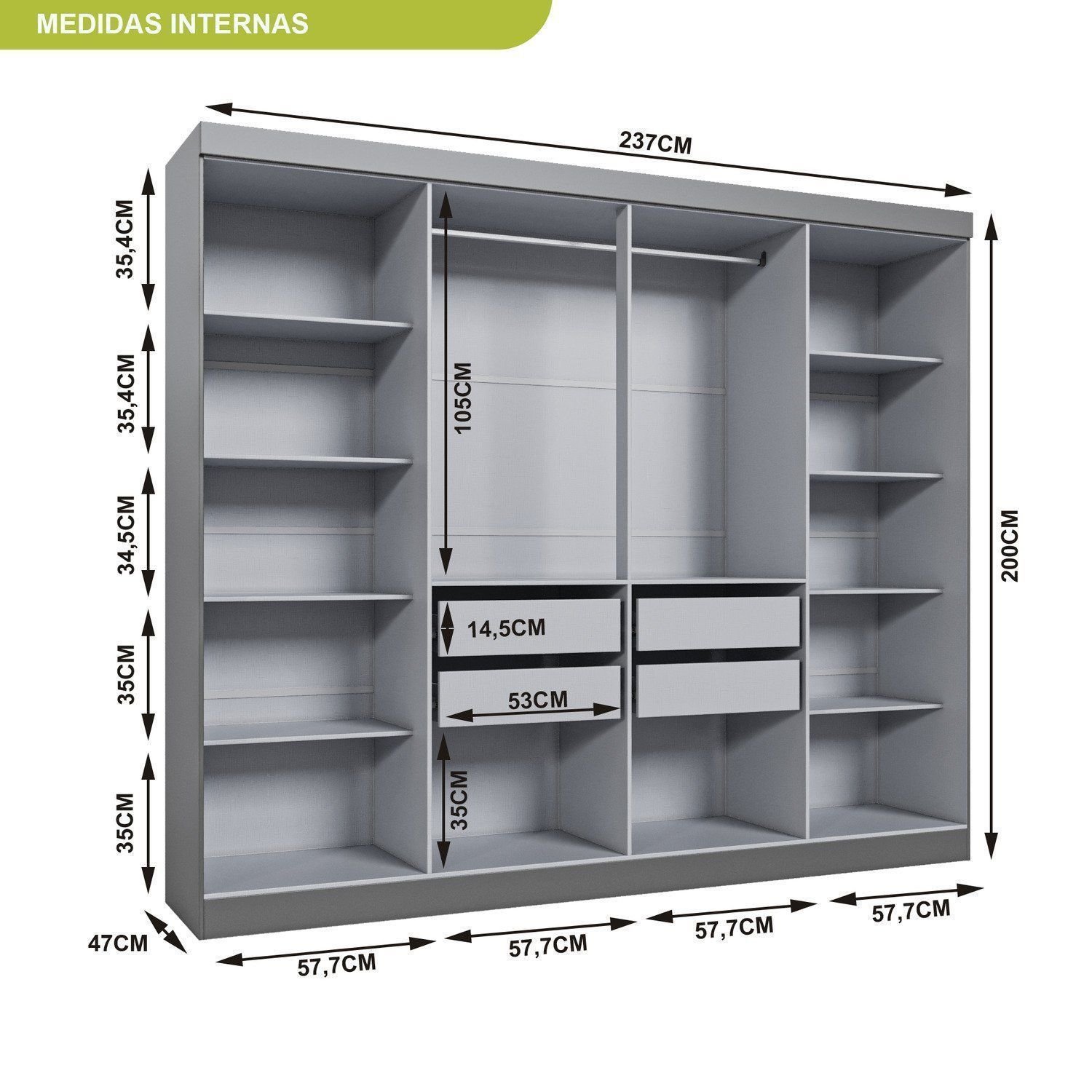Guarda-Roupa Casal com Espelho 8 Portas 4 Gavetas Paris Cinza/Onix