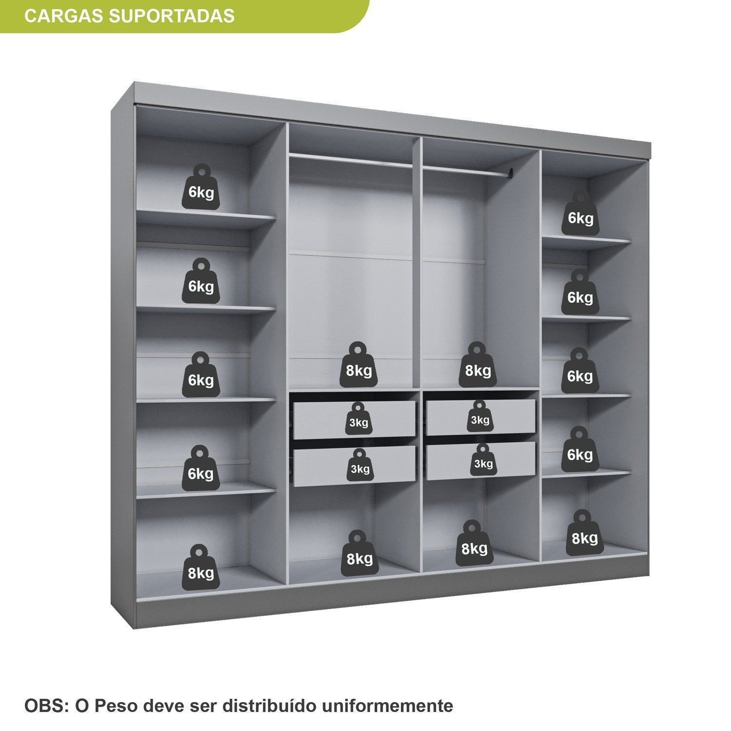 Guarda-Roupa Casal com Espelho 8 Portas 4 Gavetas Paris Cinza/Onix