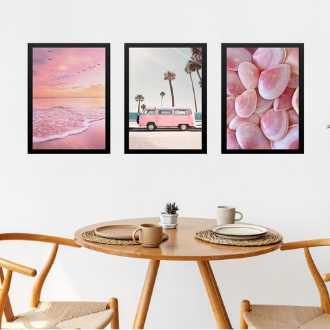 Kit 3 Quadros Fotografias Rosadas Praia 33x24cm:moldura Preta