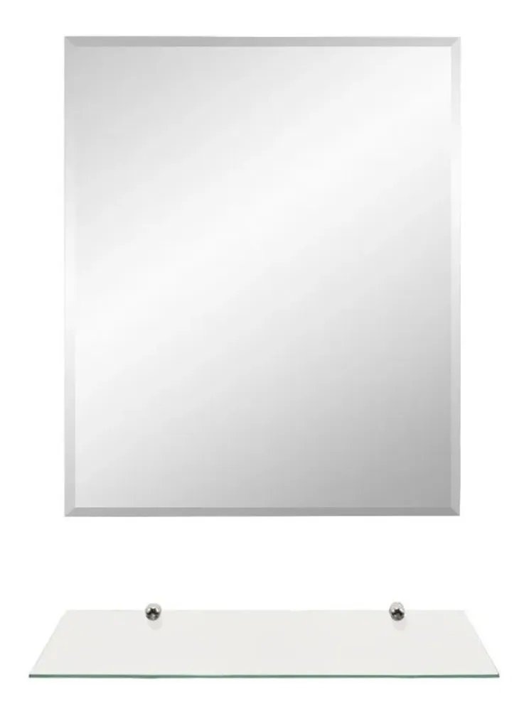 Espelho Banheiro Lapidado Bisotê 40x40cm + Prateleira de Vidro