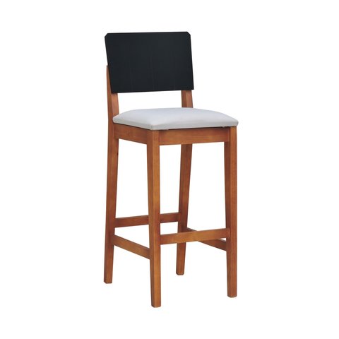 Banqueta Alta Bistrô Linhas Estrutura Madeira Maciça Assento Estofado Encosto MDF Laqueado - Amêndoa