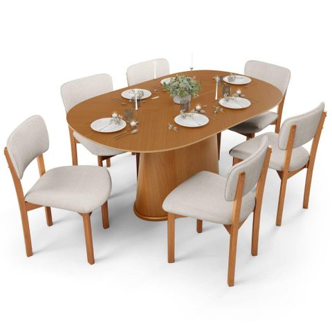 Mesa para Sala de Jantar Valência com 06 Cadeiras Sala de Jantar Dara L02 Linho Cru - Lyam Decor