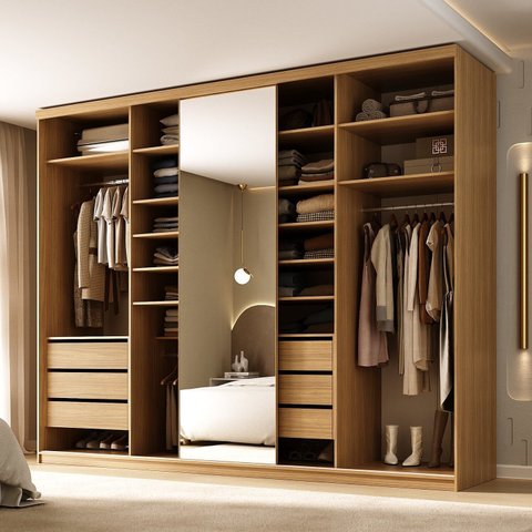 Closet Casal 100% MDF BP 277cm com 1 Porta Espelho 6 Gavetas Sion Marrom/Nogueira