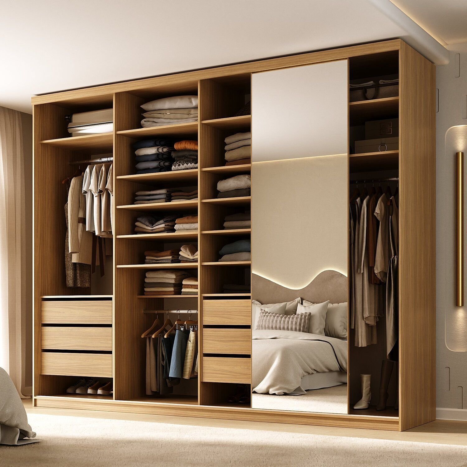 Closet Casal 100% MDF BP 277cm com 1 Porta Espelho 6 Gavetas Sion