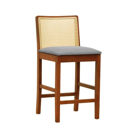 Banqueta Média Pérola Madeira Maciça Telinha C/ 62cm - Amêndoa- Assento Est. Linho Cinza Mescla Imp.