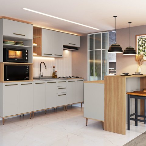 Cozinha Modulada Completa 8 Peças com Cristaleira 15 Portas 2 Gavetas com Bancada Isabelle Bege/Freijó/Arenas