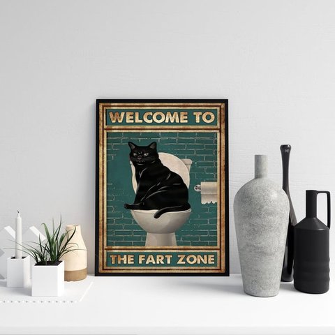 Quadro Divertido Banheiro Gato - Fart Zone 45x34cm:moldura Preta