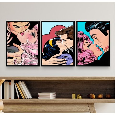 Kit 3 Quadros Decorativos Beijo Pop Art - Casais 45x34cm - com Vidro:madeira Preta
