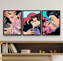 Ver imagem 1 de Kit 3 Quadros Decorativos Beijo Pop Art - Casais 45x34cm - com Vidro:madeira Preta