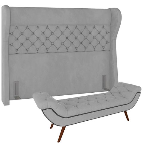 Kit Cabeceira Cama Box Casal 140cm Madrid com Puff Recamier Santorini Veludo Cinza