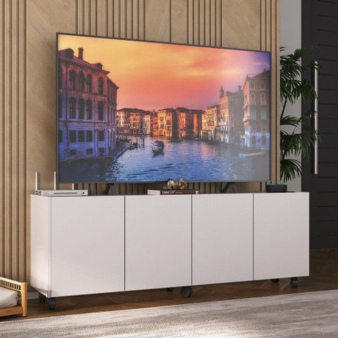 Rack para Tv até 50 Polegadas com 4 Portas e Rodízios Multimóveis Mp1069 Branco