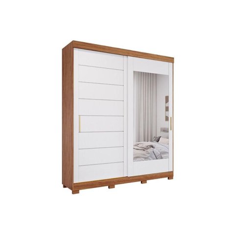 Guarda Roupa Casal 2 Portas de Correr (1 C/ Espelho) e 3 Gavetas C/ Pés Flora Cinamomo/off White -