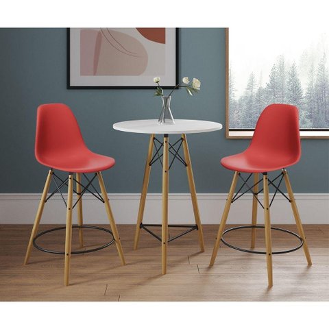 Mesa Bistrô Eames Eiffel Branca Com 2 Banquetas Vermelhas De Madeira - Cor: Branco