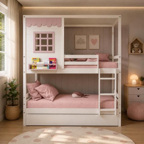 Treliche Infantil Casinha Reta Madeira Maciça Branco/ Rosa Megamobilia