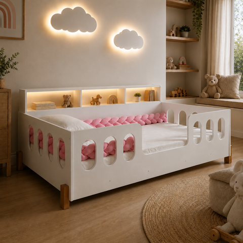 Cama Infantil Nina em MDF com Colchão e Enxoval Trança Rosa 2,5m e Luminária Nuvem LED em MDF - Bran