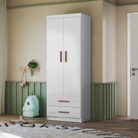 Roupeiro Guarda-Roupas Onix de Solteiro com 2 Gavetas e Cabideiro Flex Branco/Nature