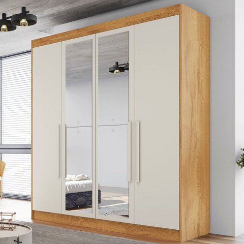 Guarda-roupa Casal Nantes 4 Portas 3 Gavetas 100%mdfs com Espelho Peroba/off White - Europa Móveis