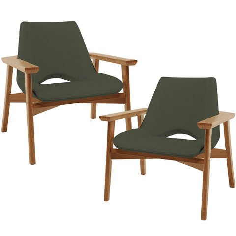 Kit 02 Poltronas Decorativa para Sala de Estar Living Base Madeira Becker L02 Linho Verde Musgo - Ly