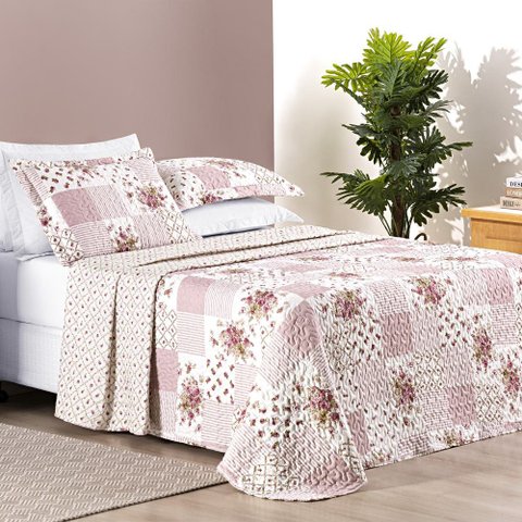 Colcha Estampada Dupla Face Bouti Casal 03 Peças - Rosa Matura Bia Enxovais
