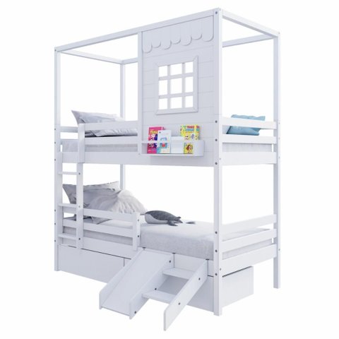 Beliche Infantil Casinha Reta com 02 Gavetas Escorregador e Grade Removível Madeira Maciça Branco