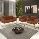 Ver imagem 2 de Sofá Namoradeira e 2 Poltronas Base Industrial Dourado Ana Sintético Pu Nozes - Ibiza