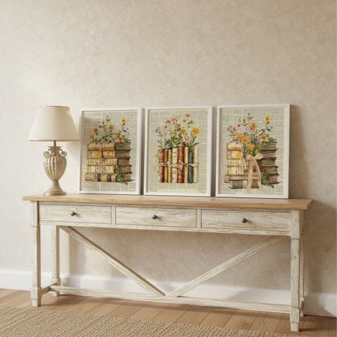 Kit 3 Quadros Livros com Flores Vintage 24x18cm Mold Preta