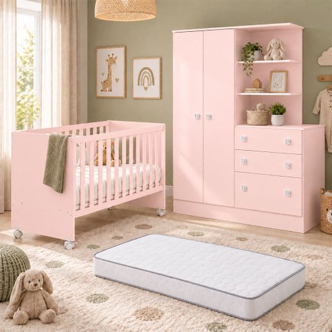 Kit Quarto de Bebê Doce Sonho com Berço com Rodízio Guarda Roupa com Cômoda e Colchão D18 130x60 Mov
