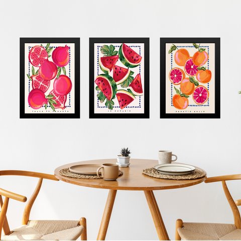 Kit 3 Quadros Elegantes para Cozinha - Frutas 24x18cm:moldura Branca