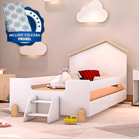 Cama Casinha Montessoriana Infantil Com Escadinha Branco Ayla E Colchão Probel Guarda Costas