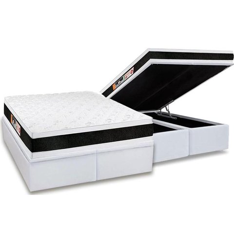 Cama Box Baú King: Colchão Espuma D45 Castor Black e White Air Double Face + Base CRC Courano White(