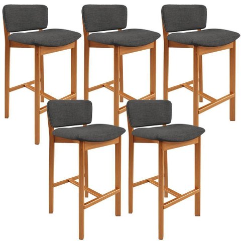 Kit 05 Banquetas Alta para Cozinha Sala de Jantar Bar Dara L02 Linho Cinza Escuro - Lyam Decor
