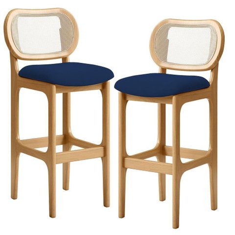 Kit 02 Banquetas Altas para Cozinha Bancada Sala Tela Betta Fixa L02 Suede Azul Marinho - Lyam