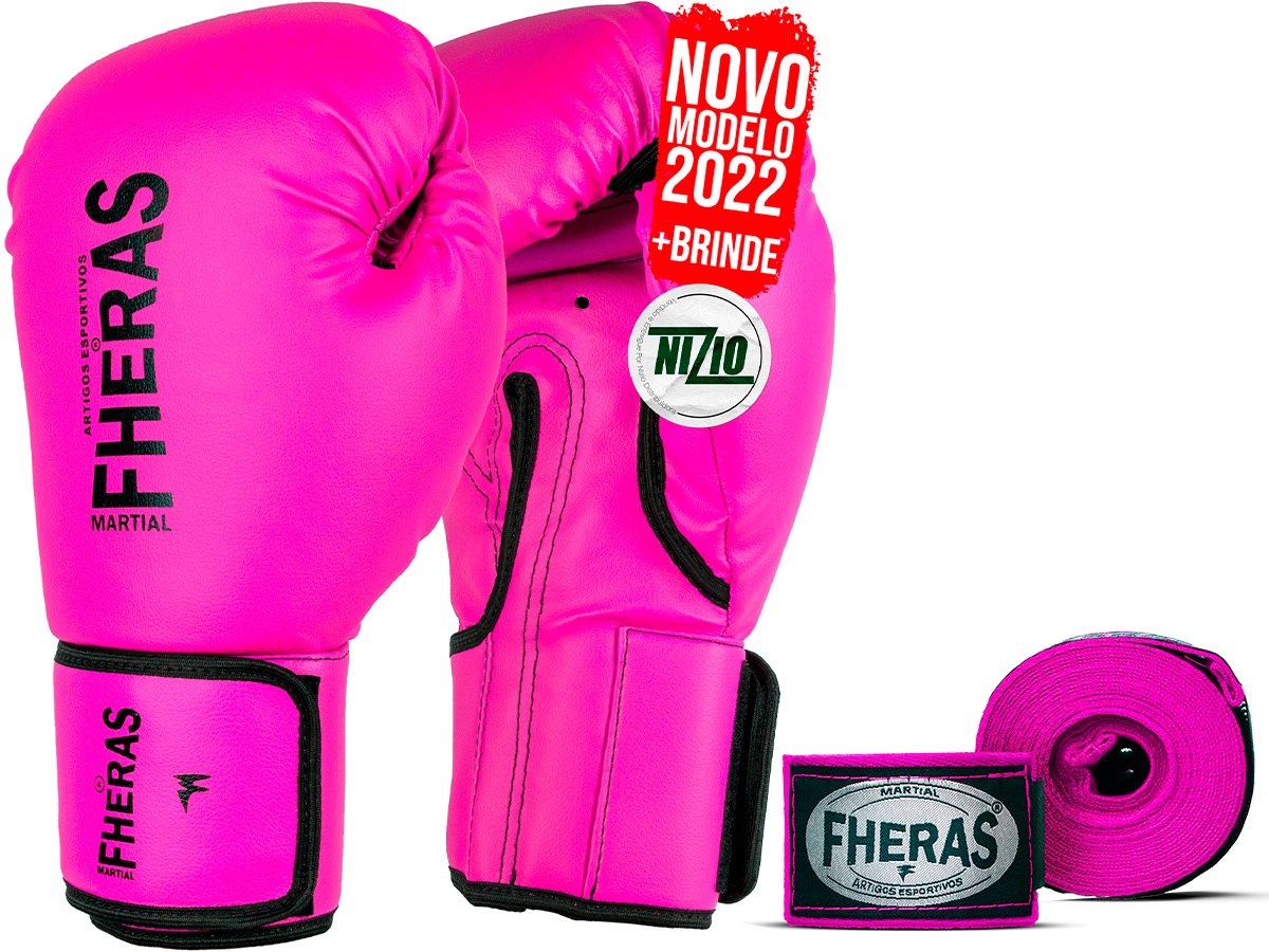 Kit Luva de Boxe Muay Thai MMA Bandagem Rosa 08oz - 1