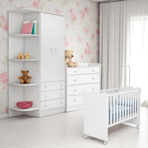 Conjunto Infantil Doce Sonho Branco: Berço Doce Sonho + Kit Rodízios + Cômoda Doce Sonho + Guarda