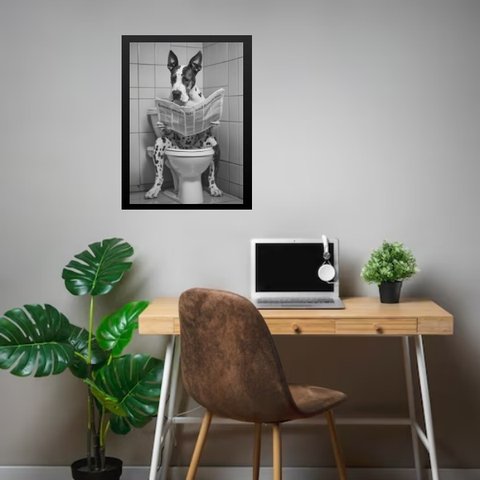 Quadro Banheiro Dog Alemão Lendo Jornal 33x24cm:moldura Preta