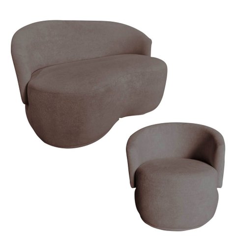 Kit Namoradeira + Poltrona Decorativa Beatriz Orgânica Suede Capuccino